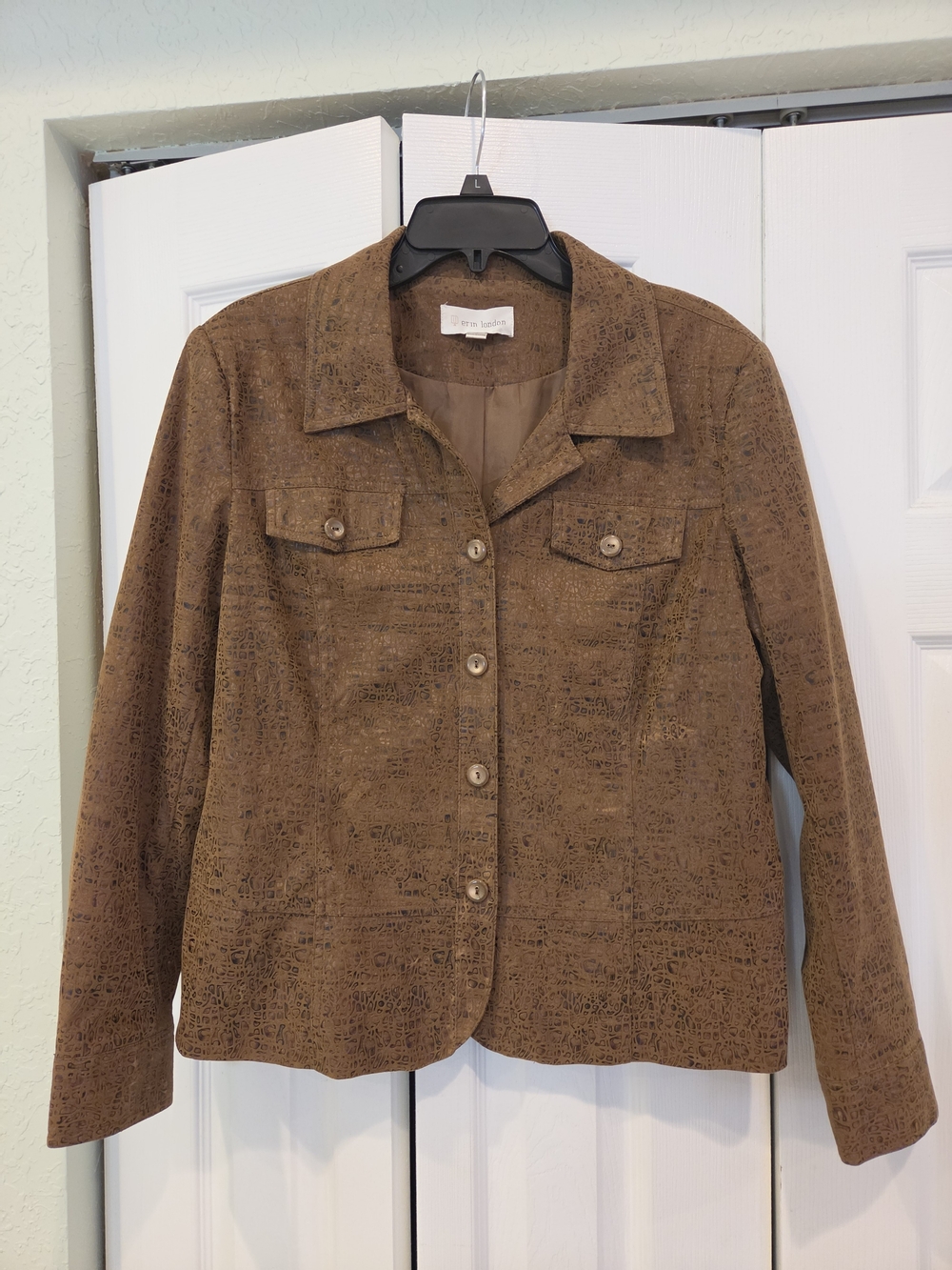 Vintage Y2k Erin London Brown Faux Crocodile Leather Button-Front Jacket Large